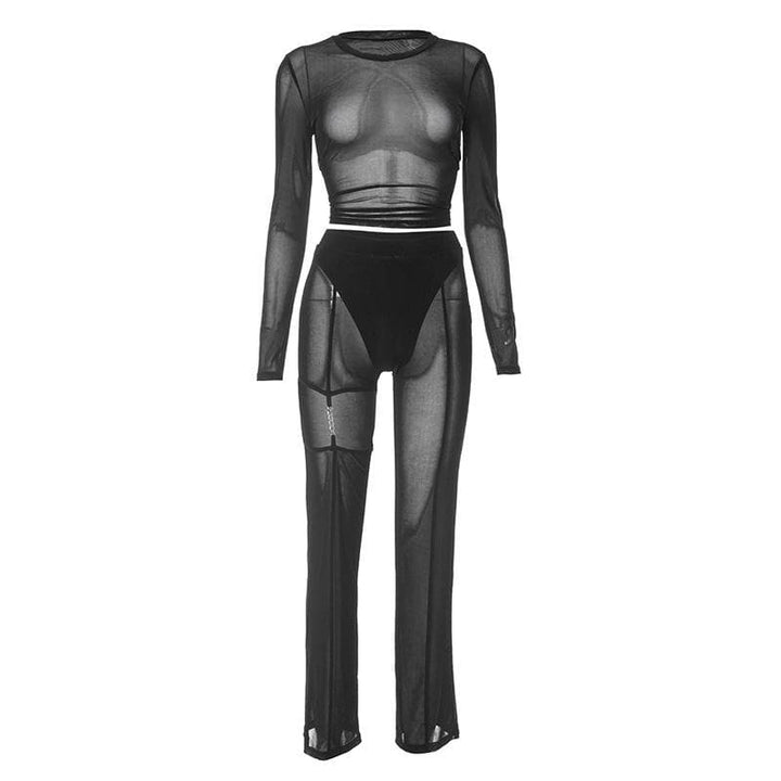 Mesh see through hollow out long sleeve solid pant set-final-sale