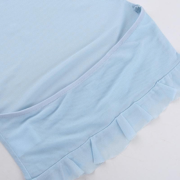 Sheer mesh flower applique see through sleeveless ruffle backless top  | Festival Outfits Women