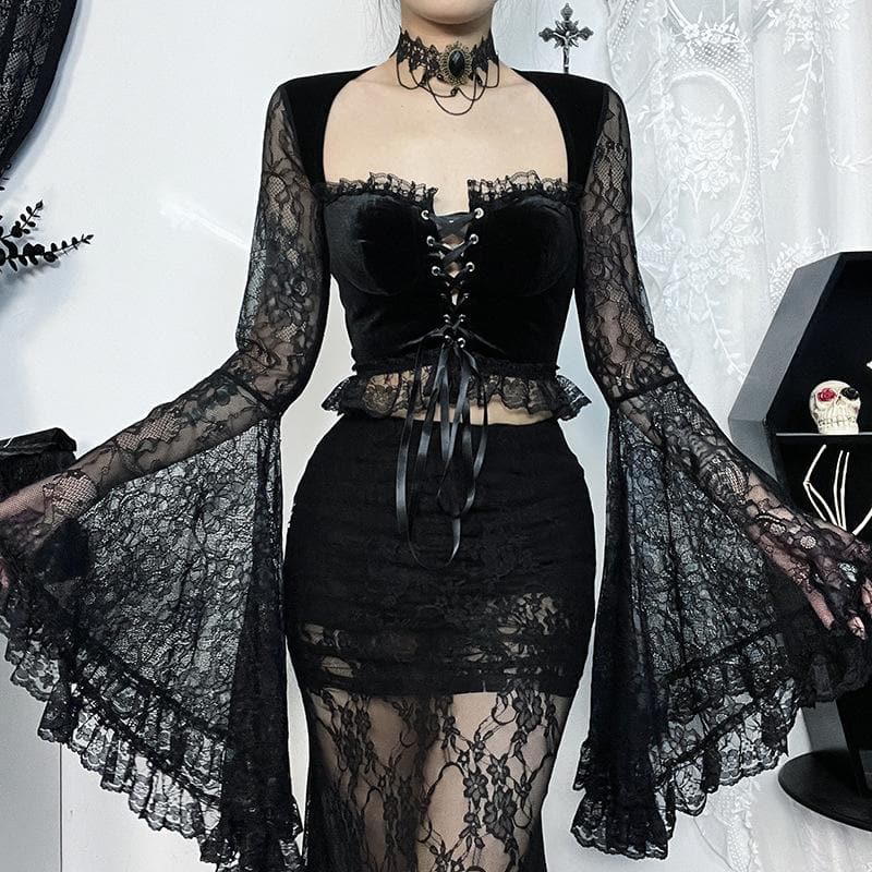 Long flared sleeve velvet lace patchwork ruffle lace up crop top  | Festival Outfits Women