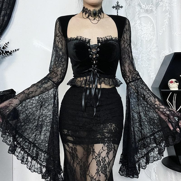 Long flared sleeve velvet lace patchwork ruffle lace up crop top  | Festival Outfits Women