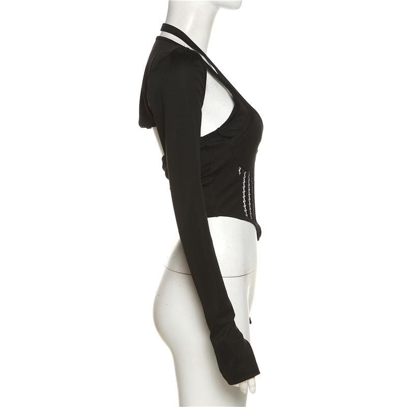 Hollow out halter solid gloves long sleeve crop top - Final Sale