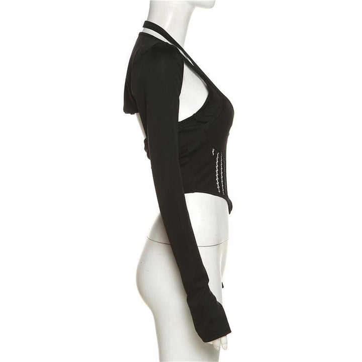 Hollow out halter solid gloves long sleeve crop top - Final Sale