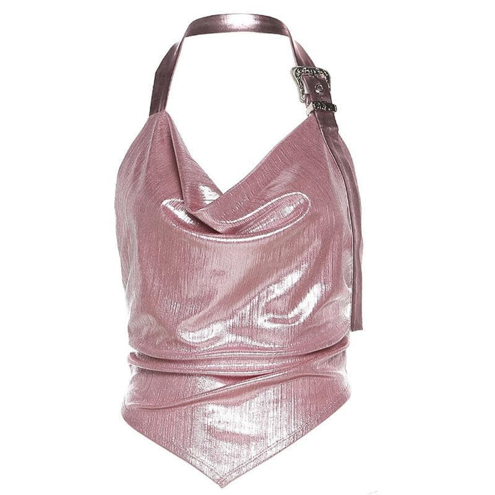 Metallic cowl neck buckle halter ruched backless top  | Festival Outfits Women