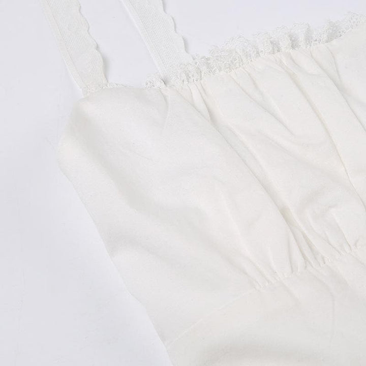 Backless ruched zip-up button lace hem solid cami top