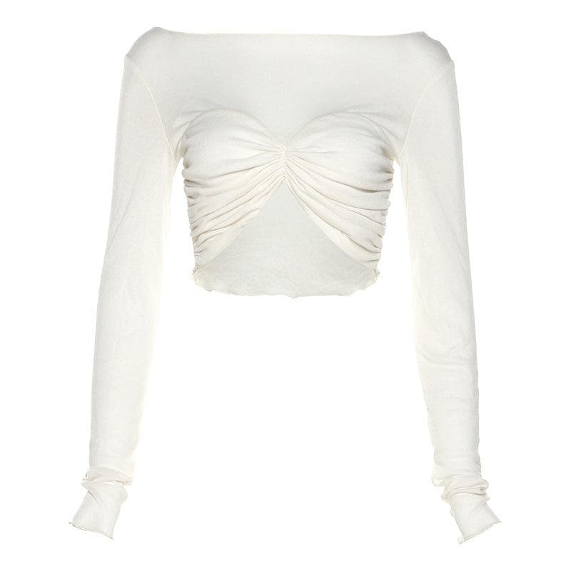 Long sleeve solid ruched crewneck ruffle crop top