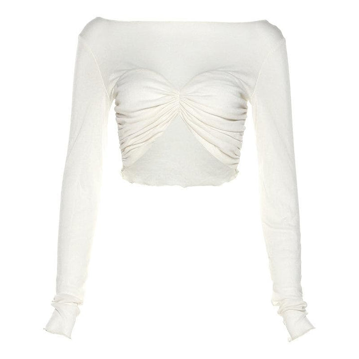 Long sleeve solid ruched crewneck ruffle crop top