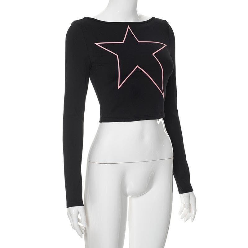 Long sleeve star pattern backless contrast crop top  | Festival Outfits Women