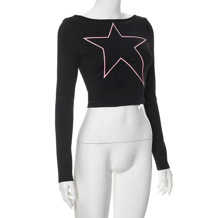 Long sleeve star pattern backless contrast crop top  | Festival Outfits Women