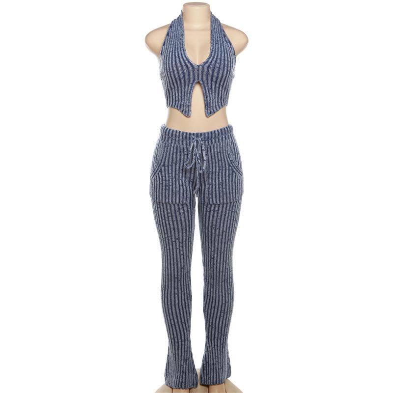 Textured striped contrast halter slit pocket v neck pant set