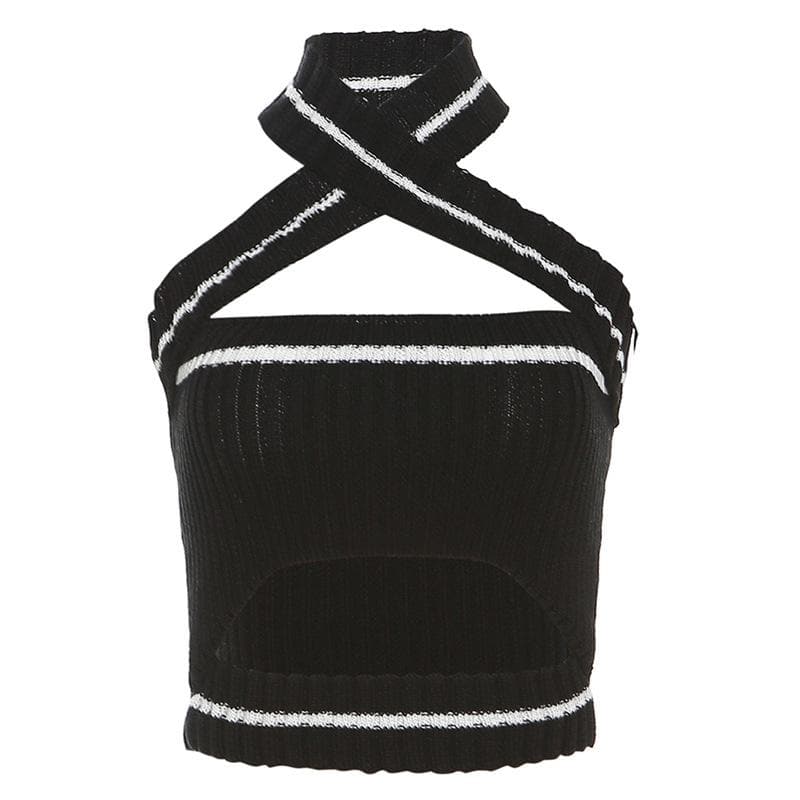 Knitted cross front halter contrast backless hollow out crop cut out top