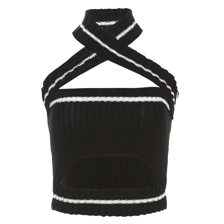 Knitted cross front halter contrast backless hollow out crop cut out top