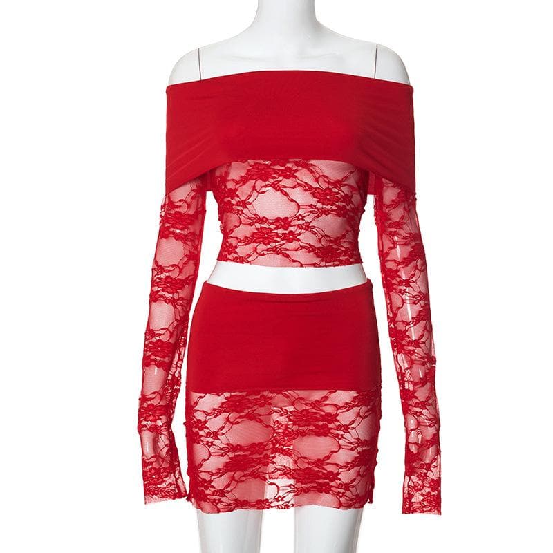 Long sleeve off shoulder lace see through mini skirt set  | Festival Outfits Women