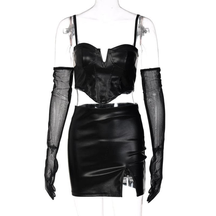 Mesh solid notch neck gloves PU leather slit cami backless mini skirt set Cargo Mini Skirt