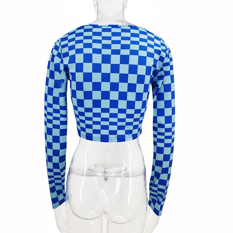 Plaid contrast button hollow out long sleeve crop cut out top