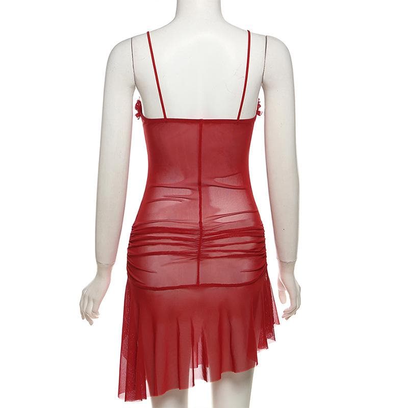 Ruched ruffle slit sheer mesh hollow out cami cut out mini dress-final-sale