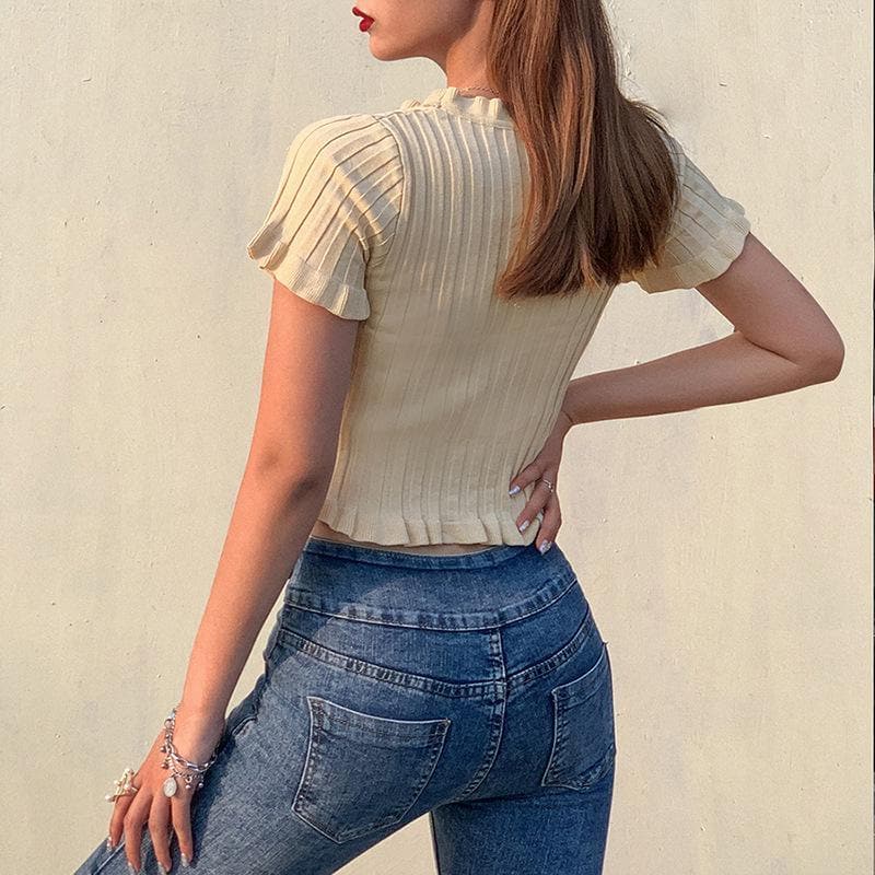 Short sleeve ribbed ruffled buttoned crop top - Halibuy