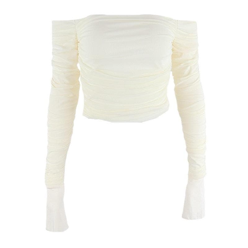 Double layered mesh off shoulder ruched long sleeve solid crop top | Mesh Long Sleeve Crop Top