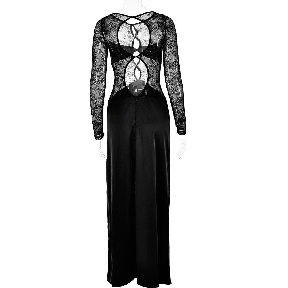 Long sleeve crewneck lace hollow out high slit cut out maxi dress  | Festival Outfits Women