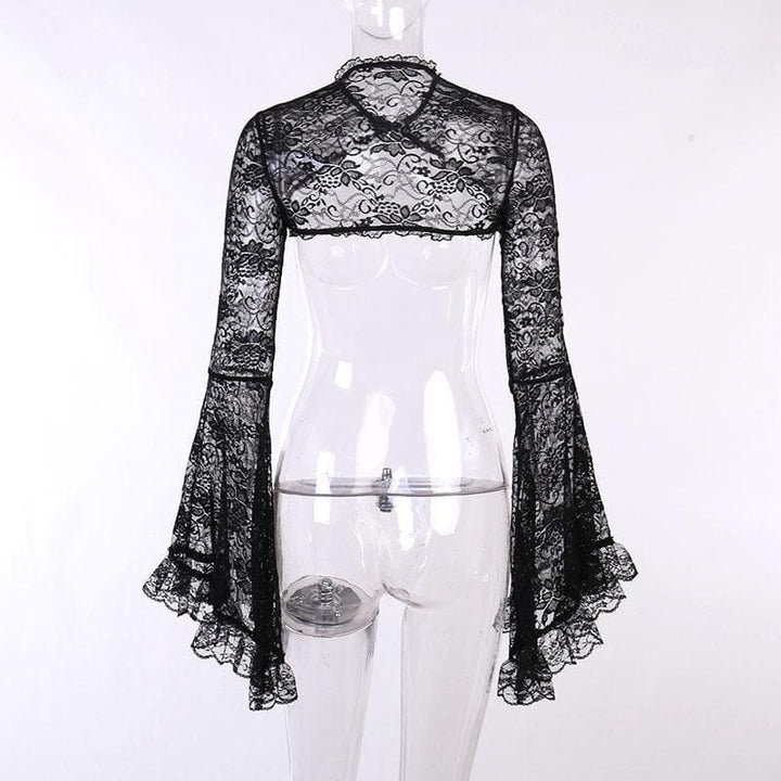 Solid flared sleeve lace hem button hollow out shrug cut out top