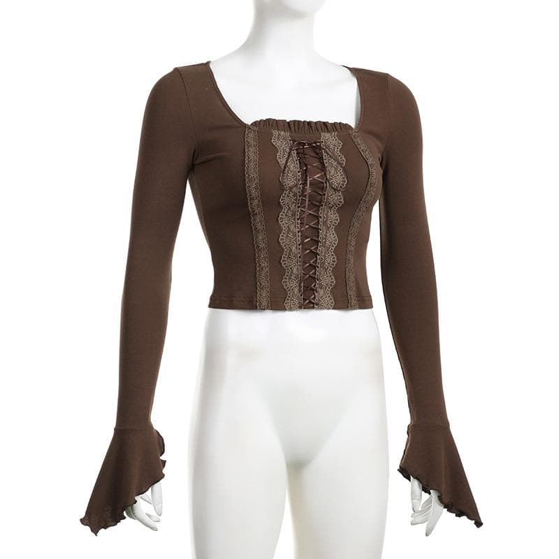 Lace up long flared sleeve ruched lace hem ruffle crop top