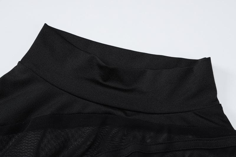 Long sleeve high neck mesh patchwork irregular bodysuit  | Festival Outfits Women