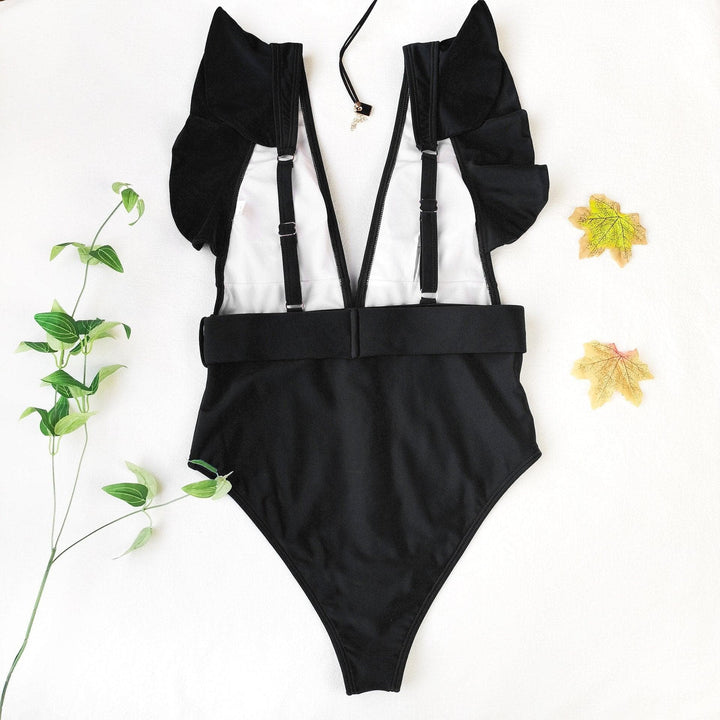 V neck ruffled one piece swimwear - Halibuy