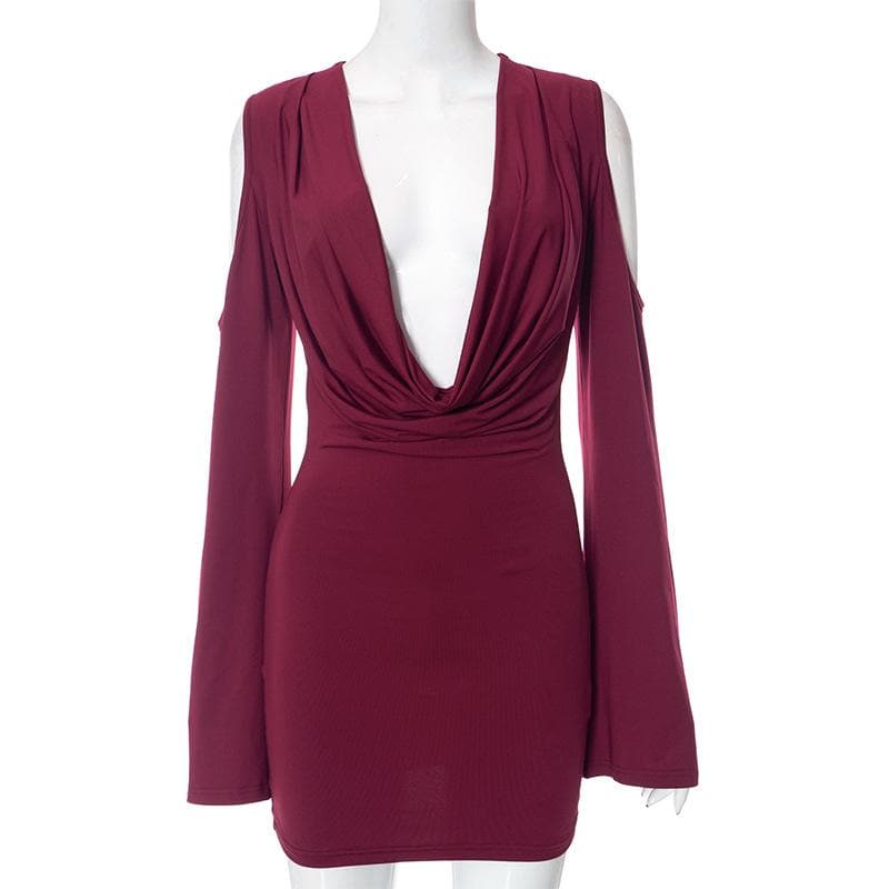 Long flared sleeve off shoulder cowl neck ruched solid mini dress  | Festival Outfits Women