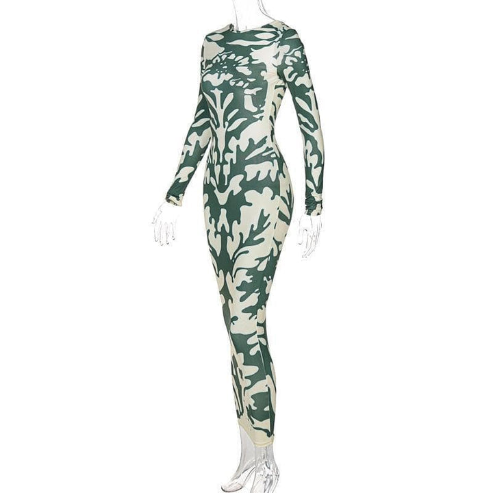 Long sleeve backless print midi dress - Halibuy