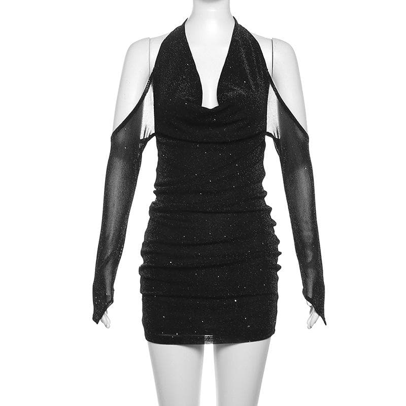 Long sleeve off shoulder halter cowl neck glitter mesh mini dress  | Festival Outfits Women-final-sale