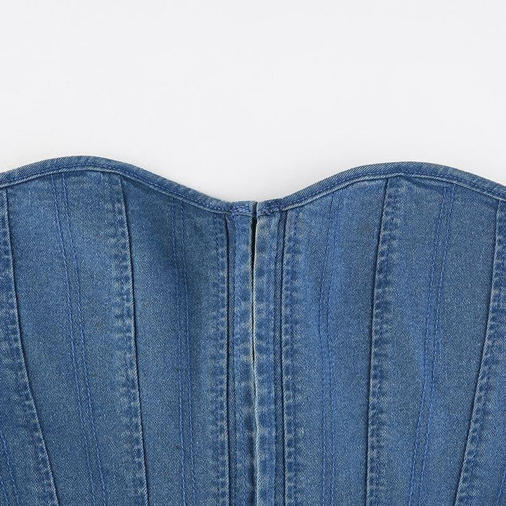 Denim lace up back heart neck tube top