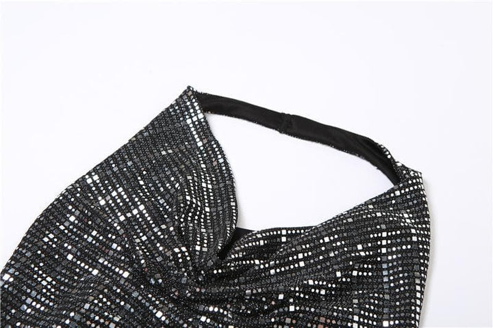 Textured cowl neck halter backless crop top