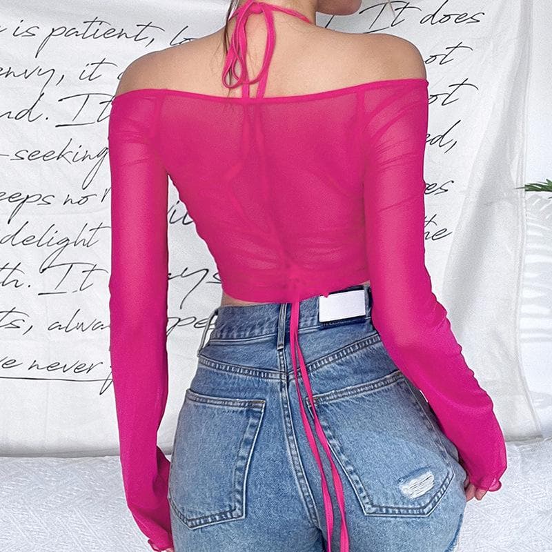 Mesh off shoulder long sleeve beaded halter 2 piece crop top | Mesh Long Sleeve Crop Top