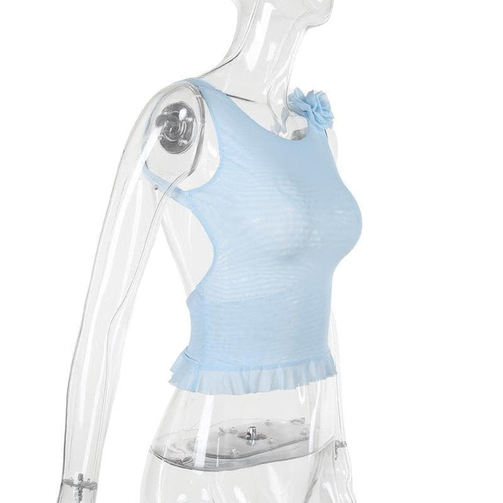 Sheer mesh flower applique see through sleeveless ruffle backless top  | Festival Outfits Women