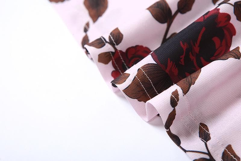 Flower print low cut spaghetti strap contrast lace up backless midi dress