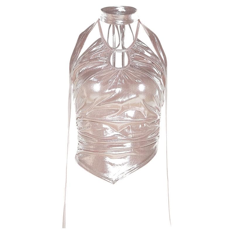Metallic halter backless hollow out irregular ruched crop cut out top-final-sale