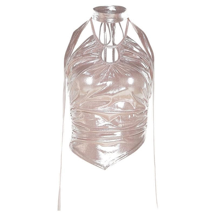 Metallic halter backless hollow out irregular ruched crop cut out top-final-sale