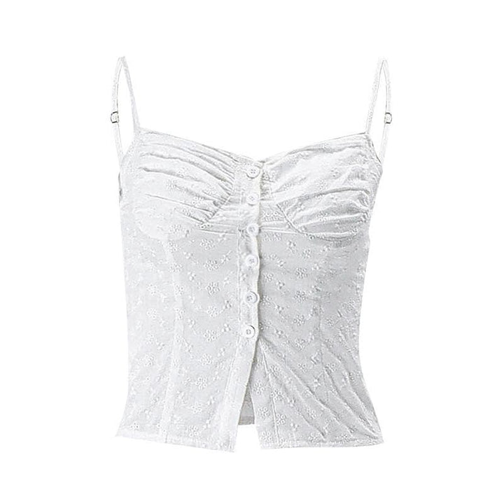 Textured pleated button slit solid backless cami top