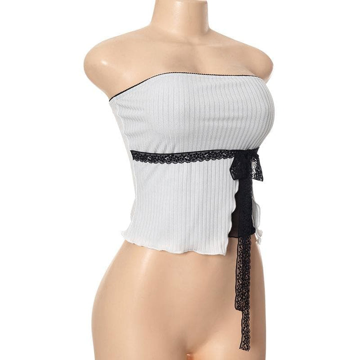 Bowknot lace hem ribbed patchwork slit backless ruffle tube top  | Festival Outfits Women