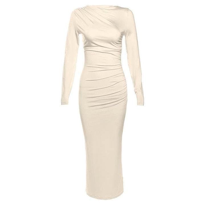 Ruched solid long sleeve zip-up maxi dress
