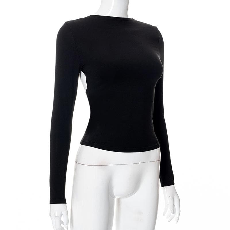 Hollow out solid long sleeve backless cut out top-final-sale