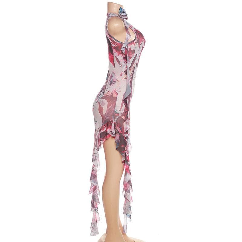 Sheer mesh see through abstract print contrast ruffle sleeveless maxi dress-final-sale