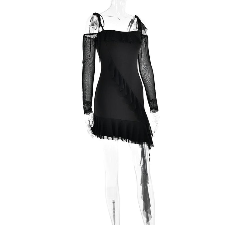 Ruffle self tie irregular off shoulder mesh long sleeve mini dress