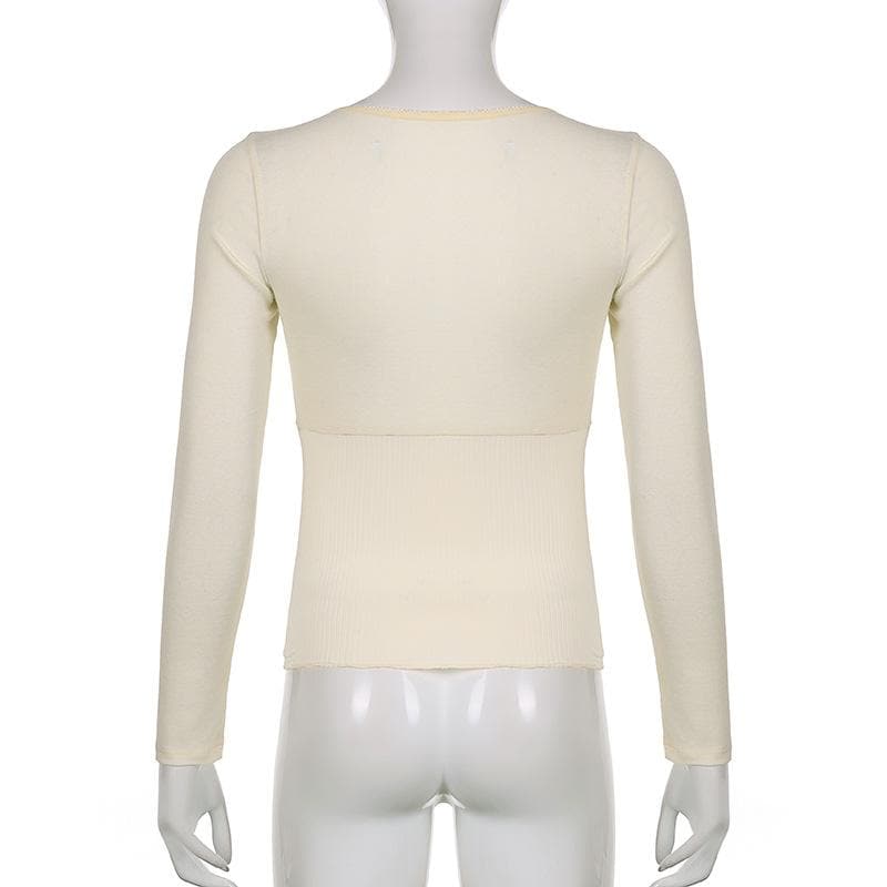 Solid long sleeve lace hem button self tie top