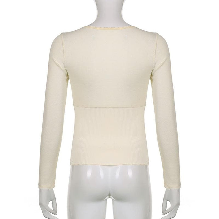 Solid long sleeve lace hem button self tie top