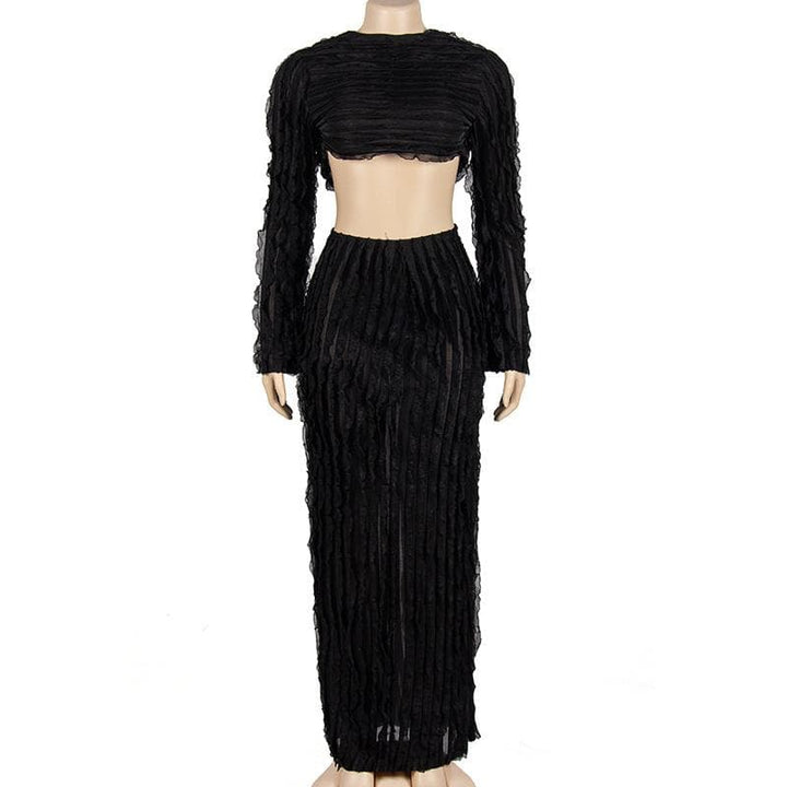 Textured self tie solid backless ruffle maxi skirt set