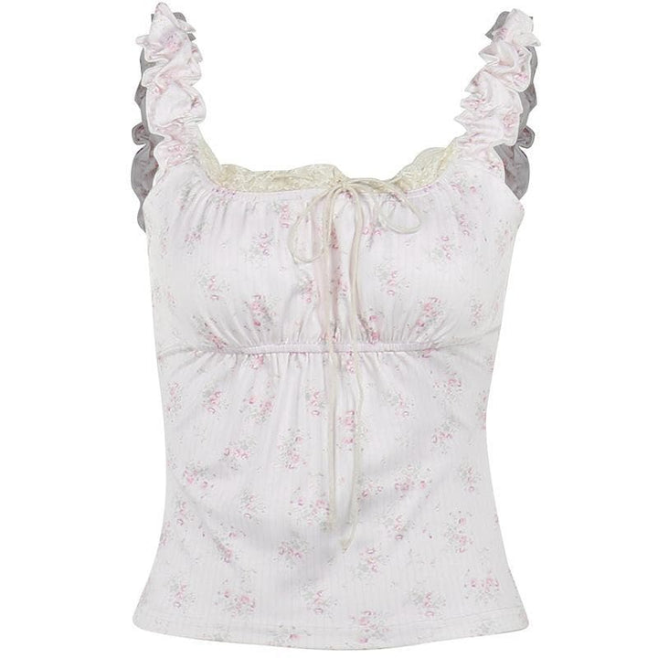 Flower print contrast sleeveless lace hem ruched top