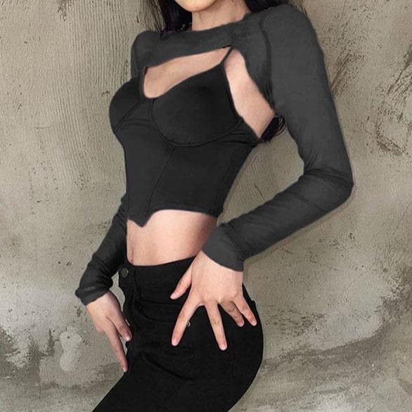 Long sleeve mesh see-through two piece set - Halibuy