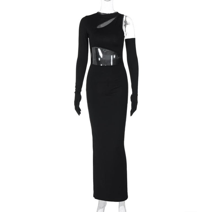 Long sleeve gloves irregular hollow out crewneck cut out maxi dress  | Festival Outfits Women