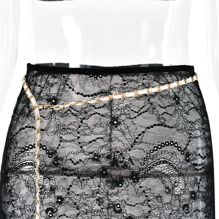 Lace see through v neck contrast cami maxi skirt set