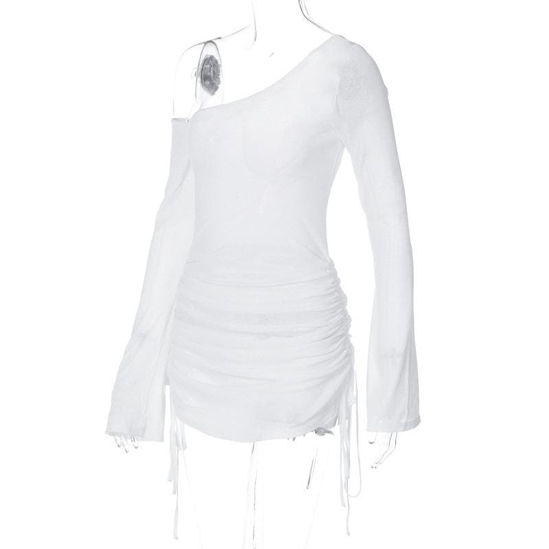 Long sleeve one shoulder drawstring ruched mini dress  | Festival Outfits Women
